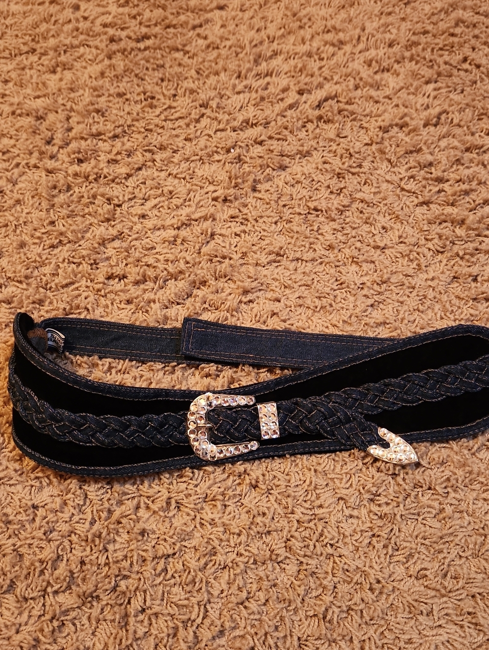 Simply Barbara Brqided Denim & Black Velvet Belt with Rhinestone Buckle